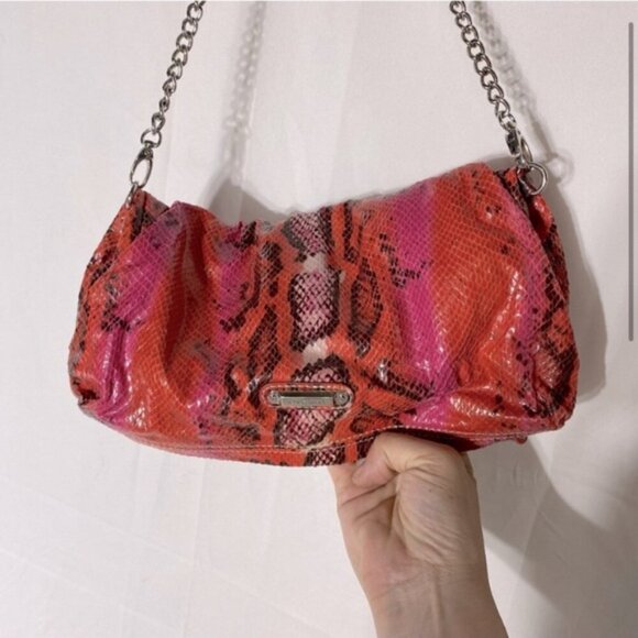 Vintage Nine West Pink Orange Reptile Print & Texture Shoulder Bag Purse Clutch - Picture 3 of 15